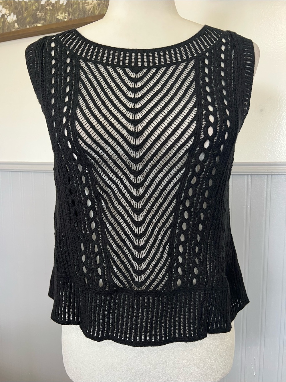 MNG Sheer Open Knit Tank Top / Black / Size: Small / Glam Goth / Grunge / Summer